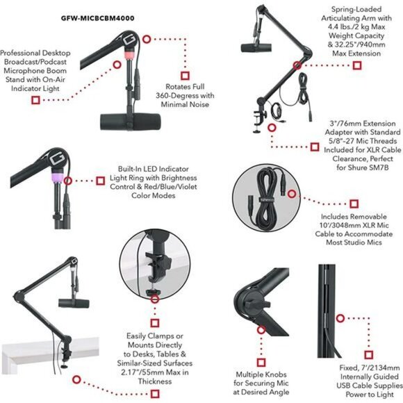Professional Desktop Podcast Microphone Boom Stand with On-Air Indicator Light - Picture 3 of 6